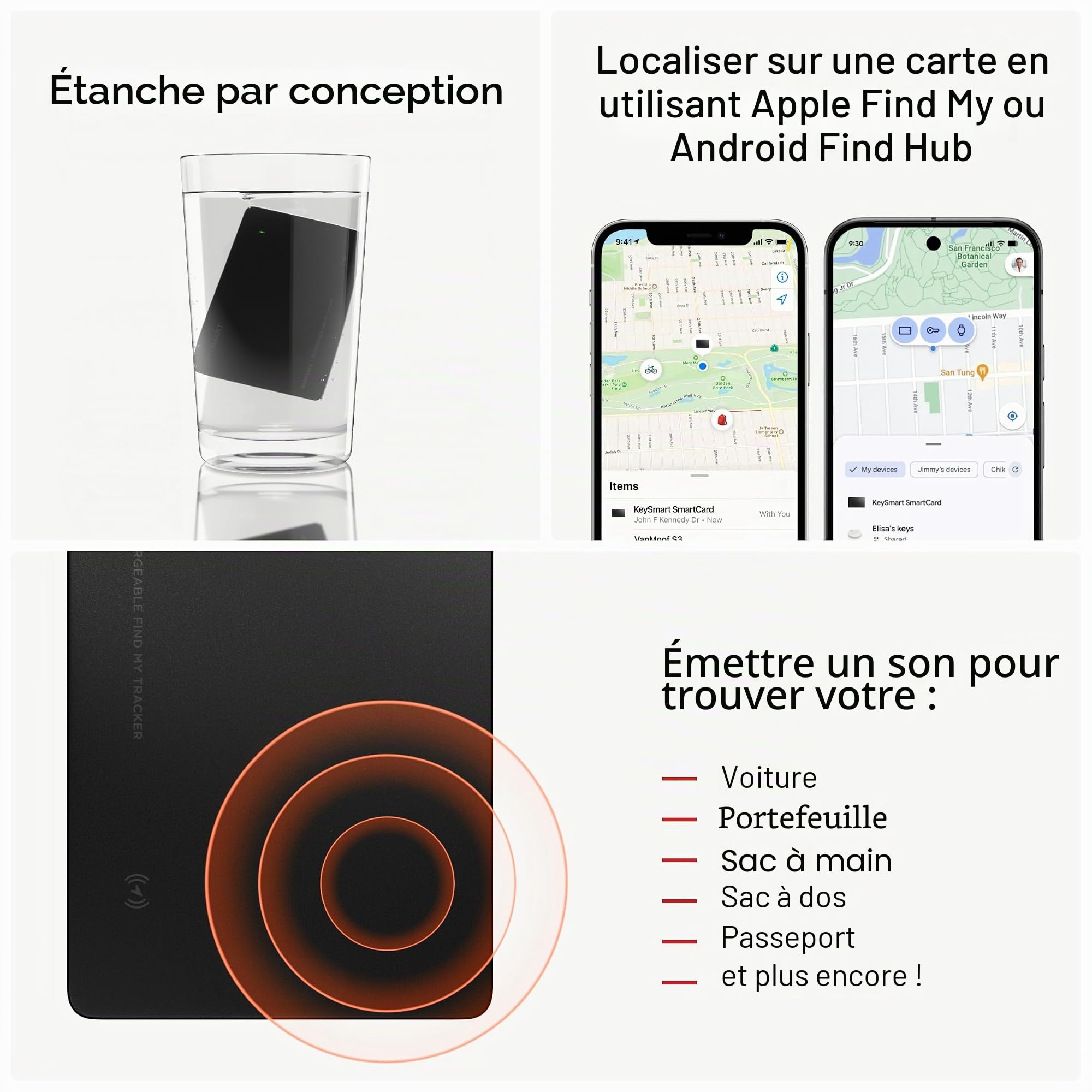 KeySmart SmartCard (Gen 3) Carte de suivi de portefeuille certifiée MFI, double réseau compatible avec Apple Find My et Google Find Hub, localisateur d'articles GPS rechargeable, suivi pour étiquette
