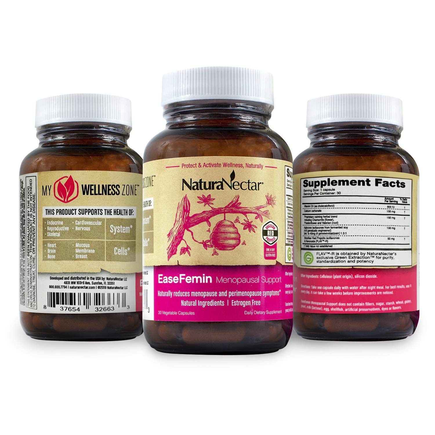 NaturaNectar - EaseFemin Menopausal Support Supplements for Women - Estrogen-Free Red Bee Propolis Capsules for Hot Flashes & Night Sweats - Natural and with Proprietary Calming Herbal Blend (30pcs.)