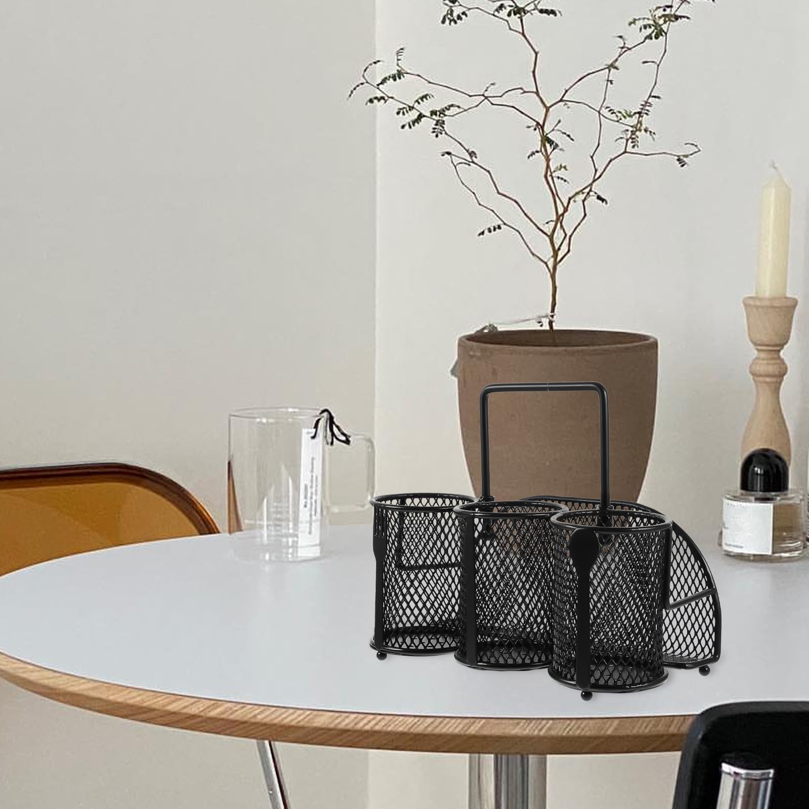 SECFOU Schwarzer Besteckhalter praktischer Küchen Organizer mit Mehreren Fächern aus Eisen stabiler und tragbarer Essstäbchenhalter für Küchentisch für Essstäbchen und Besteck