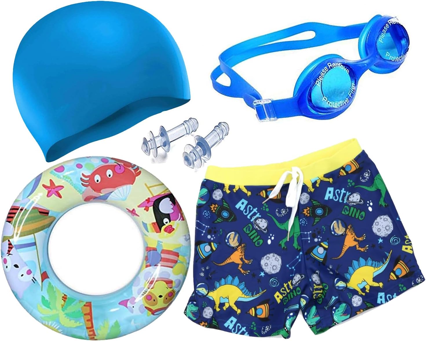 DRAUSS Boys Swimming Kit with 1 Swimming Shorts, 1 Anti Fog Swimming Goggles, 1 Silicone Swimming Cap, 2 Ear Plugs with 1 Swimming Ring