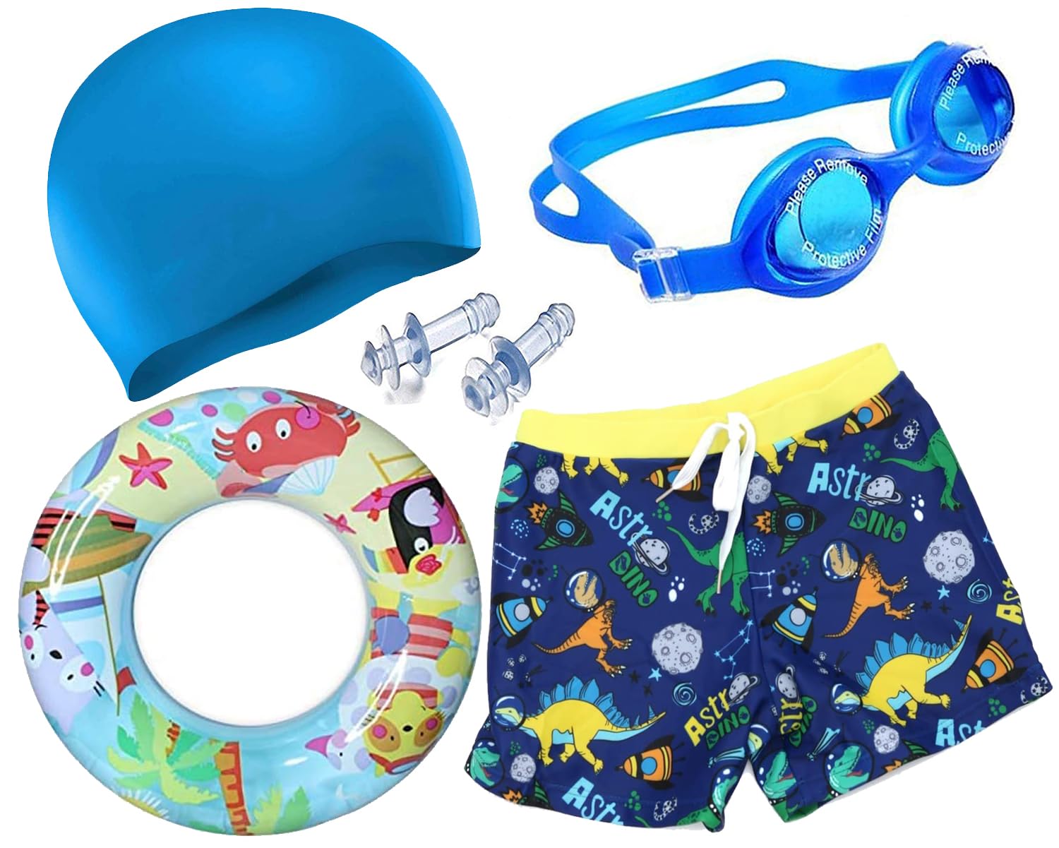 DRAUSS Boys Swimming Kit with 1 Swimming Shorts, 1 Anti Fog Swimming Goggles, 1 Silicone Swimming Cap, 2 Ear Plugs with 1 Swimming Ring