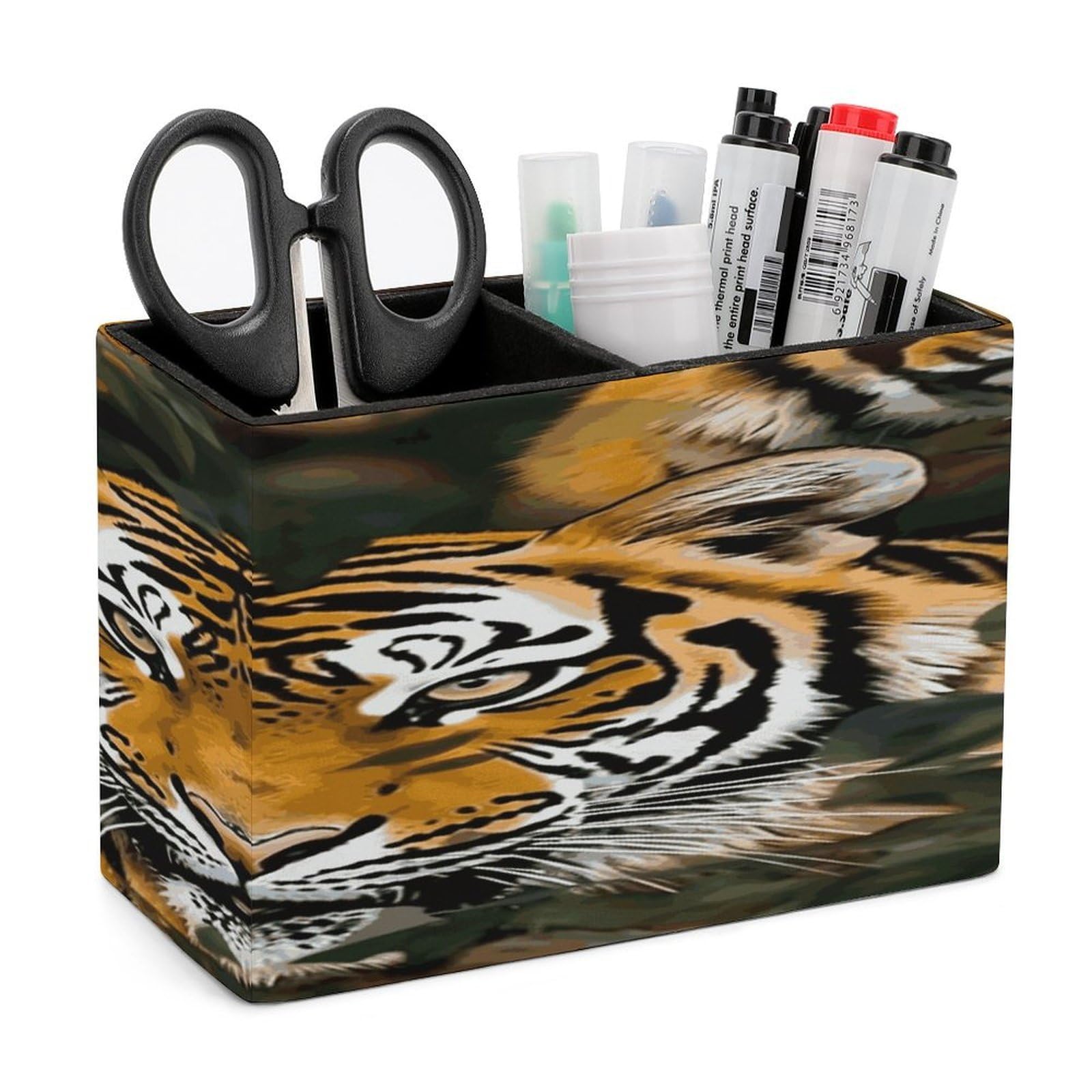 FekiLoot PU Leather Camouflage Tiger Pen Holder for Desk 2 Compartments Desktop Stationary Organizer Rectangle Table Pencil Cup Stand Desktop Stationery Organizer Case for Office Home