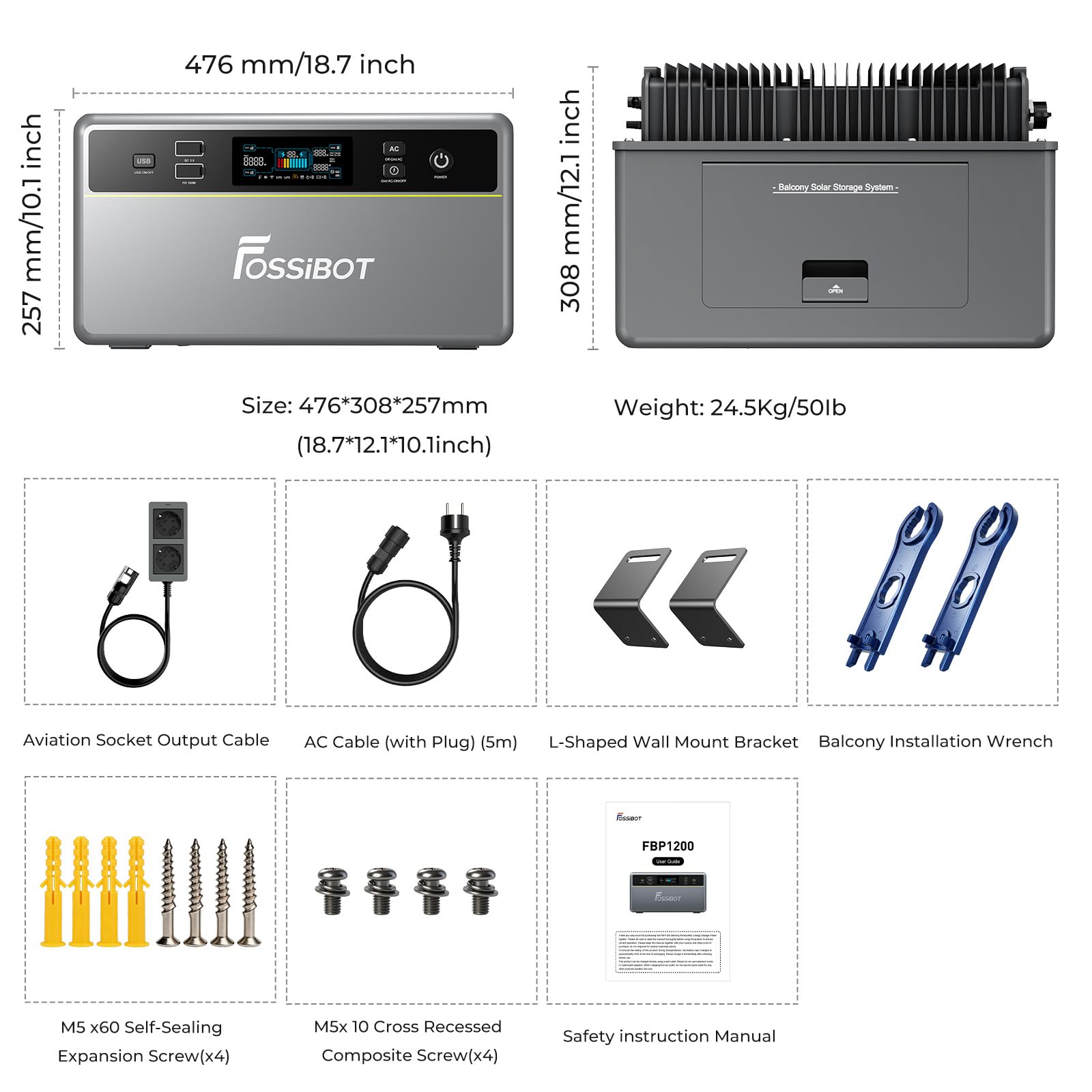 FOSSiBOT FBP1200 Centrale elettrica portatile da balcone con accumulo, Batteria LFP 1,98kWh, Espandibile fino a 39,16kWh, Microinverter All-in-One, 6500 Cicli di Carica Power station, Plug & Play
