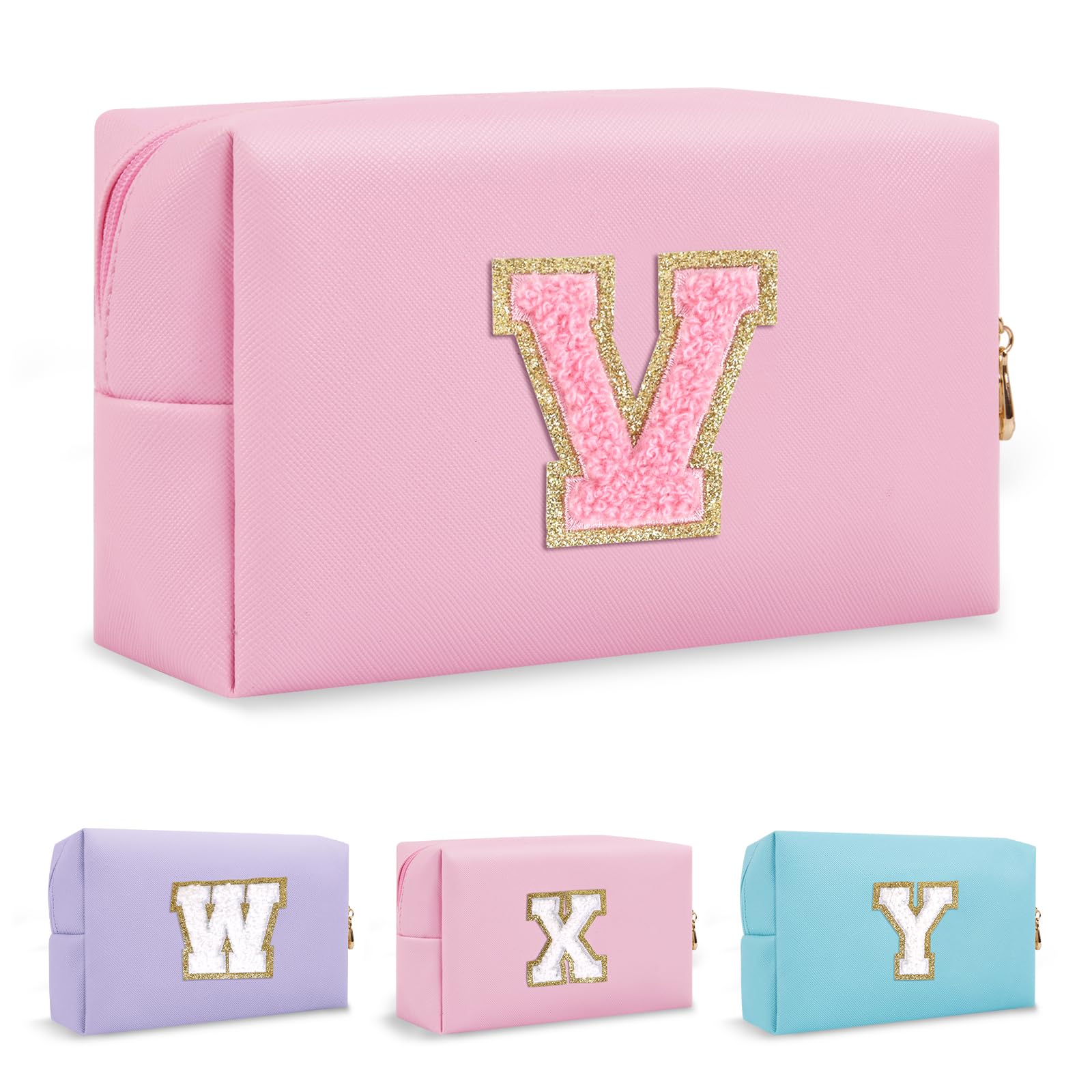 Personalized Initial Preppy Patch Makeup Bag, Travel Toiletry Zipper Pouch Cute Pink Cosmetic Organizer Small Makeup Bag for Purse, PU Leather Make Up Storage Valentines Day Gift for Women(Letter V)