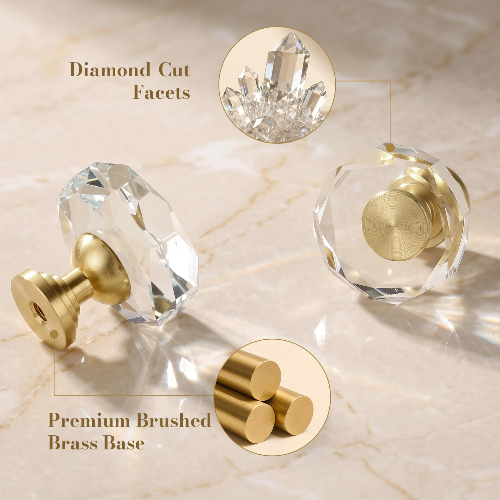 12 Pack 1-1/4 Inch Glass Crystal Cabinet Knobs, Brass Polygon Drawer Pulls — Amazon image 3