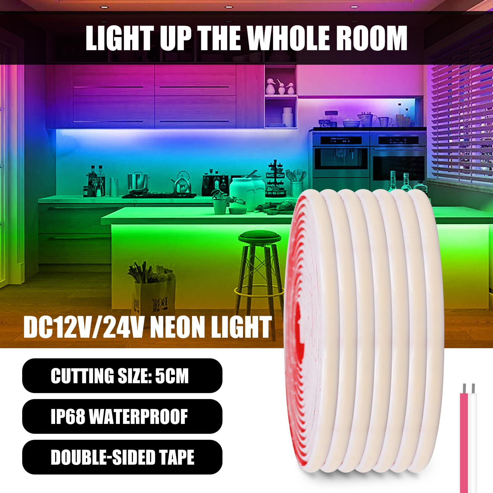 24V COB Neon Streifen 20m 320LEDs/m Superhell Flexibler Rot COB Neon LED Band Außen Wasserdichte IP68 Selbstklebendes Band rot/weiss 2-adrig LED Lichterketten
