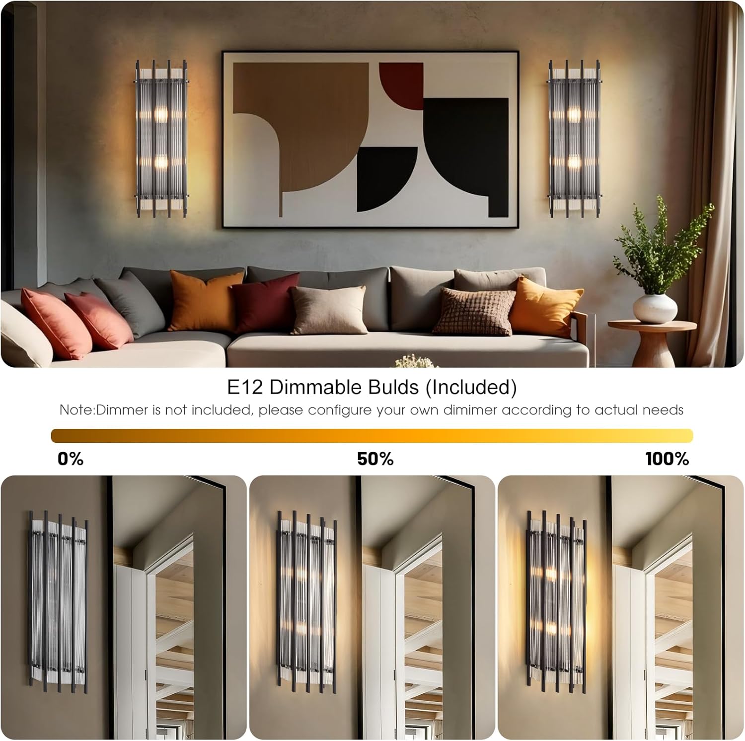 Modern Black Wall Sconce,25in Grand Rectangular Ribbed Glass Wall Sconces,Indoor Hardwired Wall Sconces for Large Spaces,for Living Room,Hallway,Stairway Sconces Wall Lighting,Included E12 Bulbs