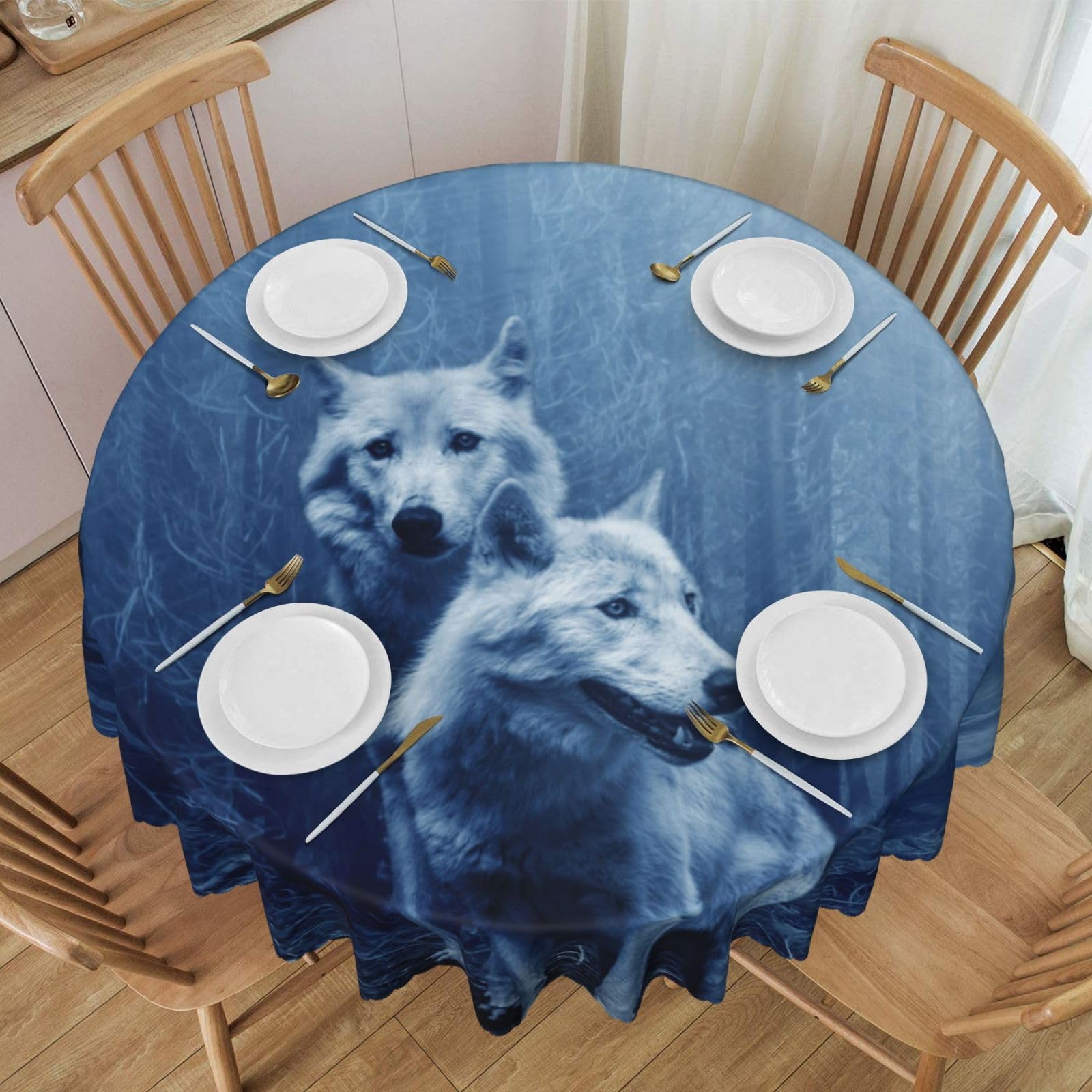 DCEHGEW 60 In Round Tablecloth with Lace, Wolf in The Wild Printed Oilproof & Washable Fabric Picnic Table Cloth Table Covers