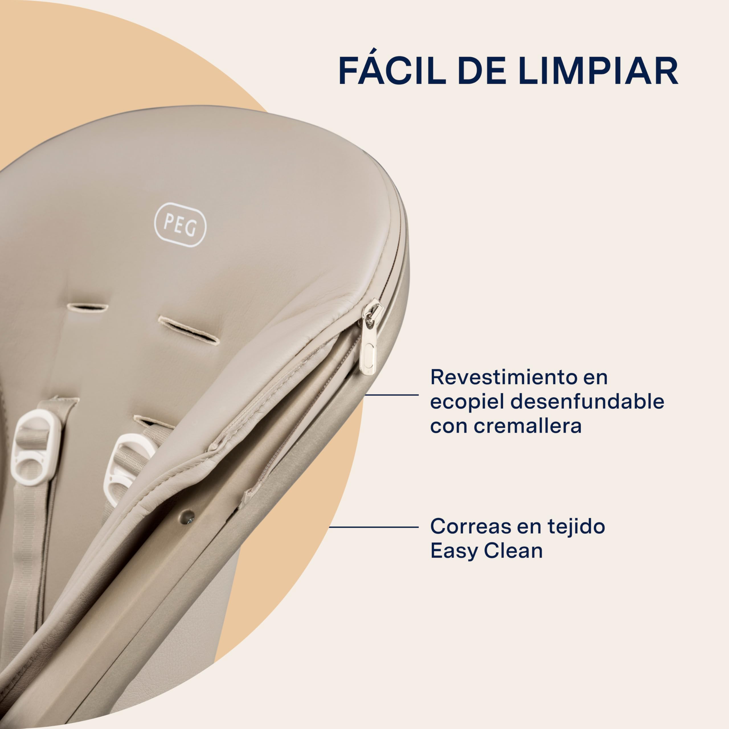 PEG Living Trona desde el Nacimiento, Diseño Contemporáneo, Función Hamaca, Altura Regulable, Bandeja Doble, 4 Ruedas 360°, Cierre Compacto, 0–3 Años (0–15 kg), Space Sand