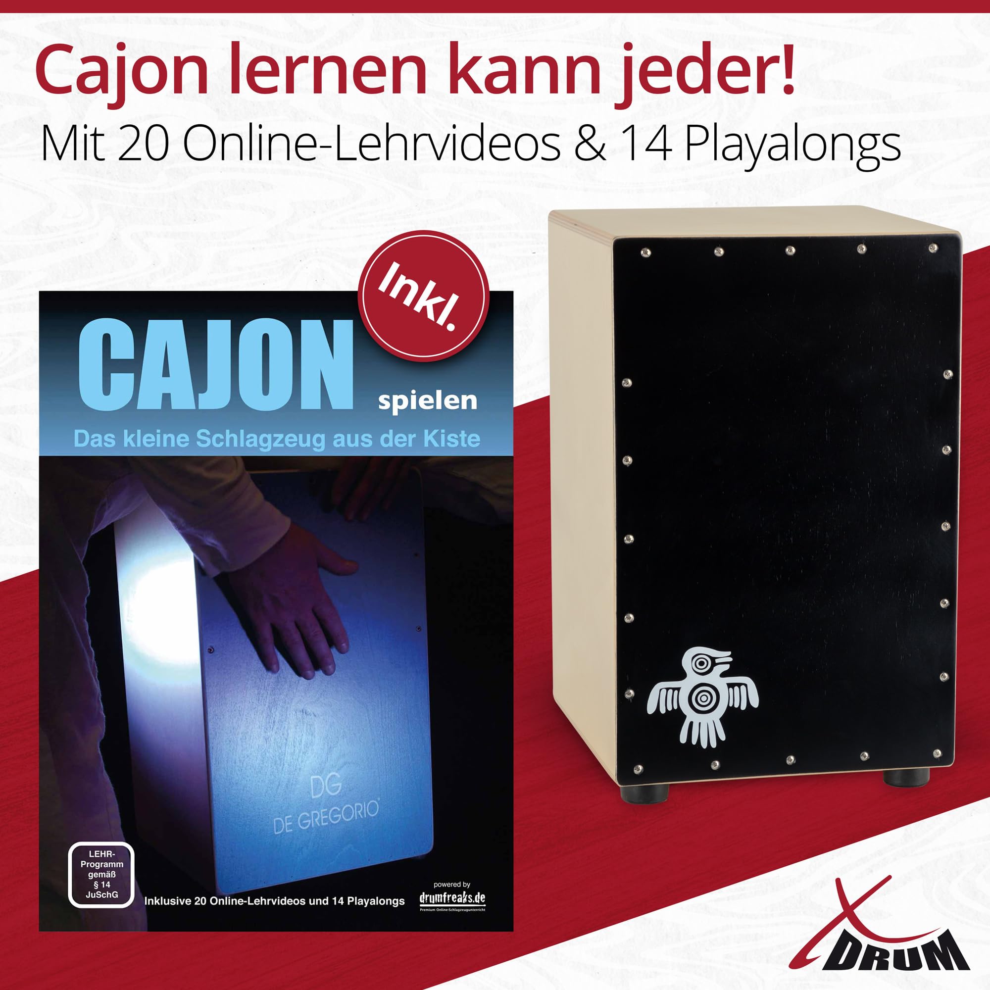 XDrum PERC CP-481 Cajon Peruana Black Wood Set (Set inkl. Cajon mit Birken-Korpus & Snareeffekt, passende Rucksack-Tasche für sicheren Transport & Aufbewahrung und Cajonschule für Einsteiger)
