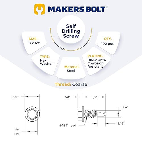 Vista 2 de #8 x 1/2 pulg. Tornillos autoperforantes exteriores negros, cabezal de arandela hexagonal (100 piezas) por Makers Bolt