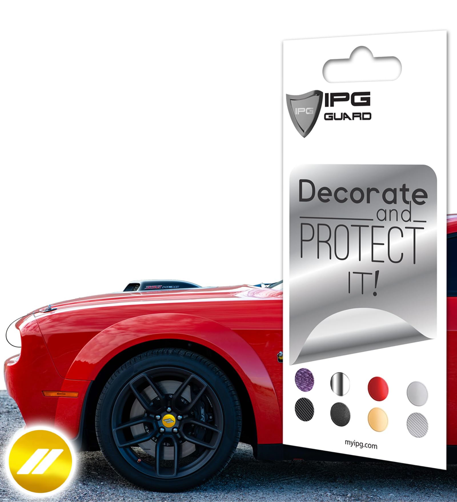 IPG Compatible with Dodge Charger, Challenger, Durango (2017–2023) Wheel Center Cap Overlay Decal Sticker Wrap Kit – Hash Rhombus Design – Personalize Your Vehicle (Outer Logo, Shiny Yellow)
