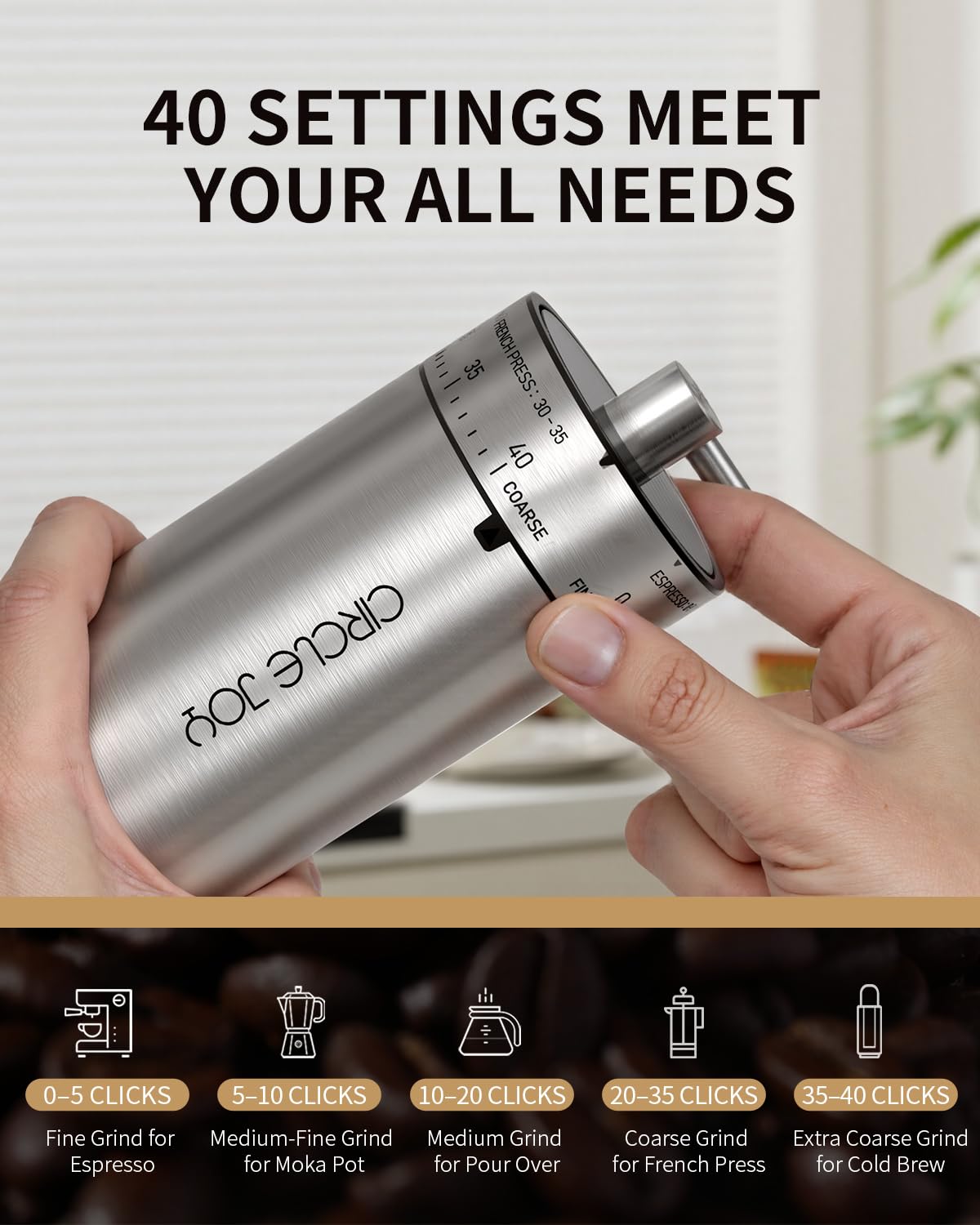 CIRCLE JOY Mini Molinillo de Café Manual Portátil con Muelas Cónicas de Acero Inoxidable y 40 ajustes externos, Molinillo de Café de Mano de Acero Inoxidable para Casa, Camping y Viaje, Plateado