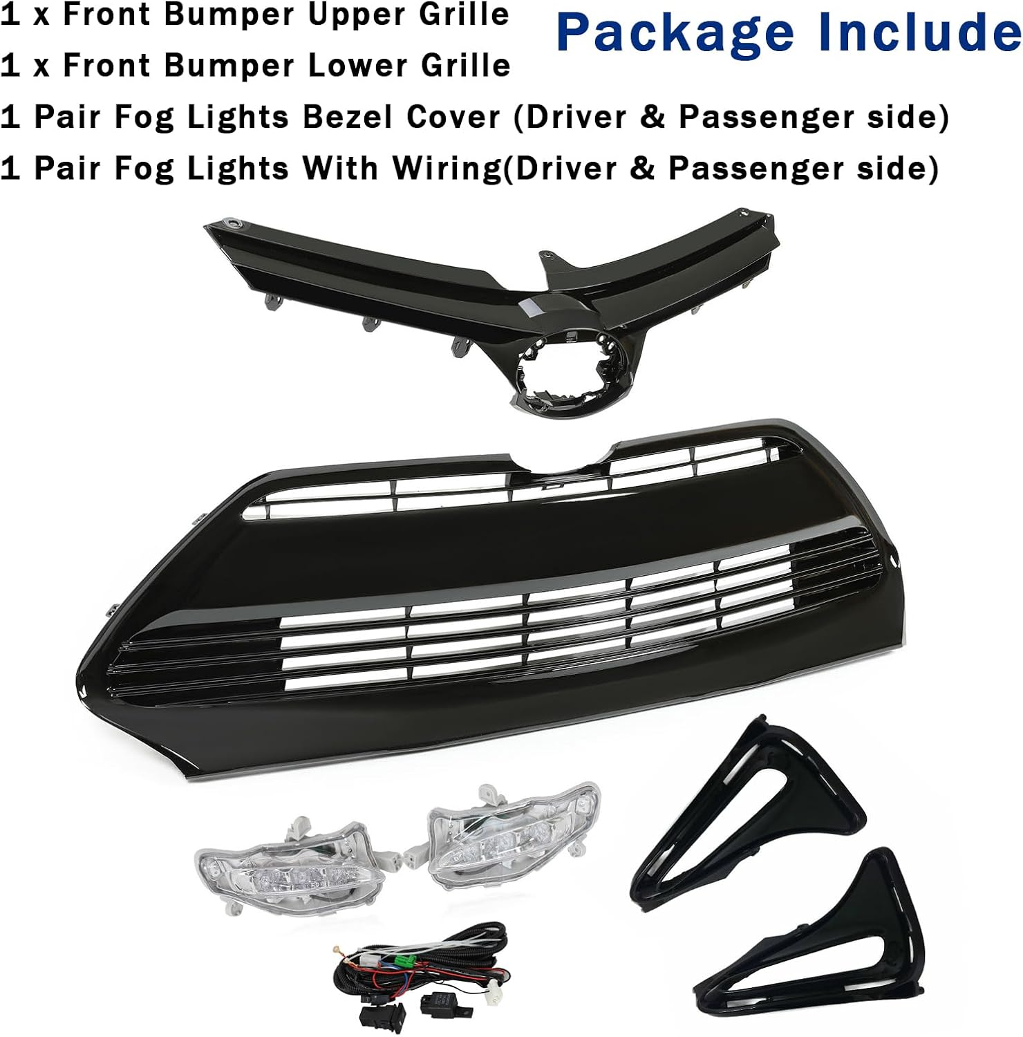 Bewild Front Bumper Upper & Lower Grille Set & LED Foglights & Foglight Bezel Covers Fit For 2017 2018 2019 Toyota Corolla LE XLE CE Bumper Grille Set 6PCS