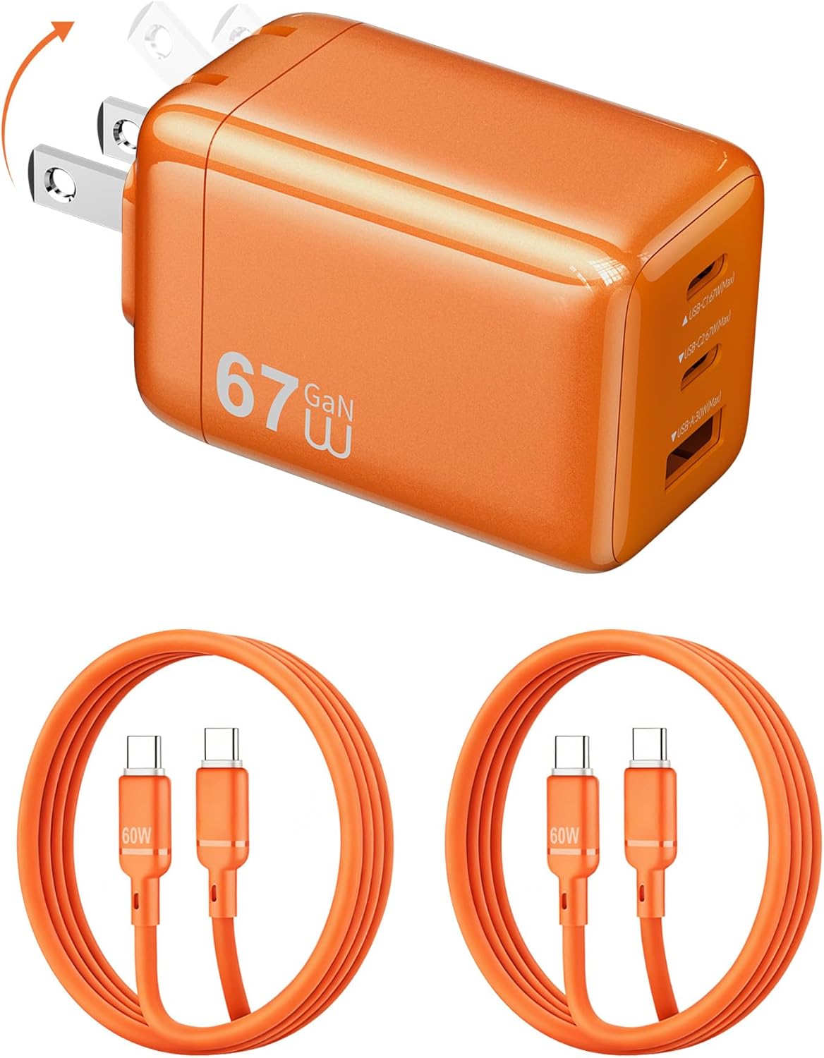 67W Fast Charger,3 Port GaN Compact Foldable Plug PD Fast Charger USB C Wall Plug with 5Ft 2 Cables for iPhone 17/16/15 Series, iPad Air, MacBook Air, ThinkPad, Dell XPS (Orange)