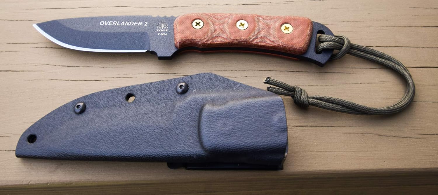 TOPS Knives Overlander 2 Fixed Blade Knife 4" Black Blade/Tan Micarta Handle