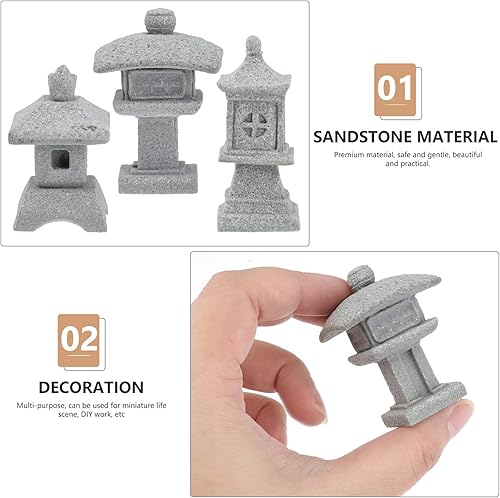 Miniatura 4 de Happyyami 3 linternas de pagoda en miniatura de piedra arenisca para jardín, patio, decoración de bonsái, accesorios en miniatura, muebles para