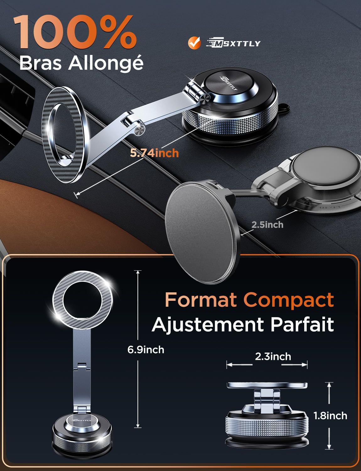 MSXTTLY Support Téléphone Voiture – Vmag S3 Adaptateur Magnets Puissants ＆ Longue en Alliage, Support Téléphone Portable pour iPhone 17 Pro Max, iPhone 16 Pro Max et Android (avec Anneau Magnétique)