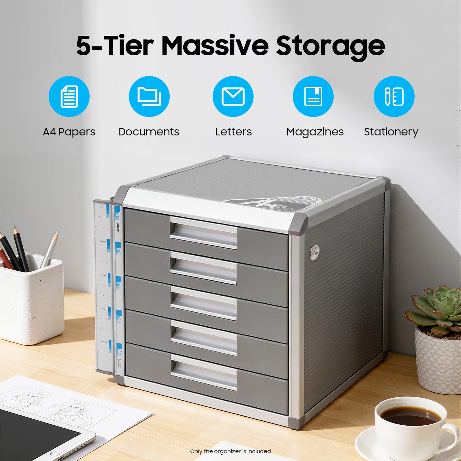 Organizador de cajones con cerradura, caja de cajones con cerradura A4, aspecto de madera de aluminio, caja fuerte para documentos con 2 llaves, organización de escritorio, se adapta a la oficina en