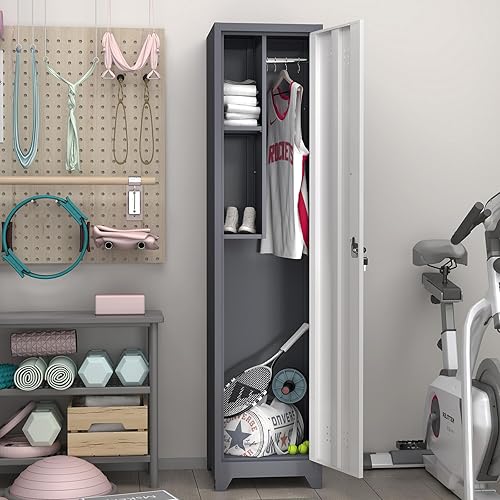 Miniatura 8 de GREATMEET Armario de almacenamiento de metal con cierre delgado, armario utilitario con cerradura de 65 pulgadas, armarios de almacenamiento de gris