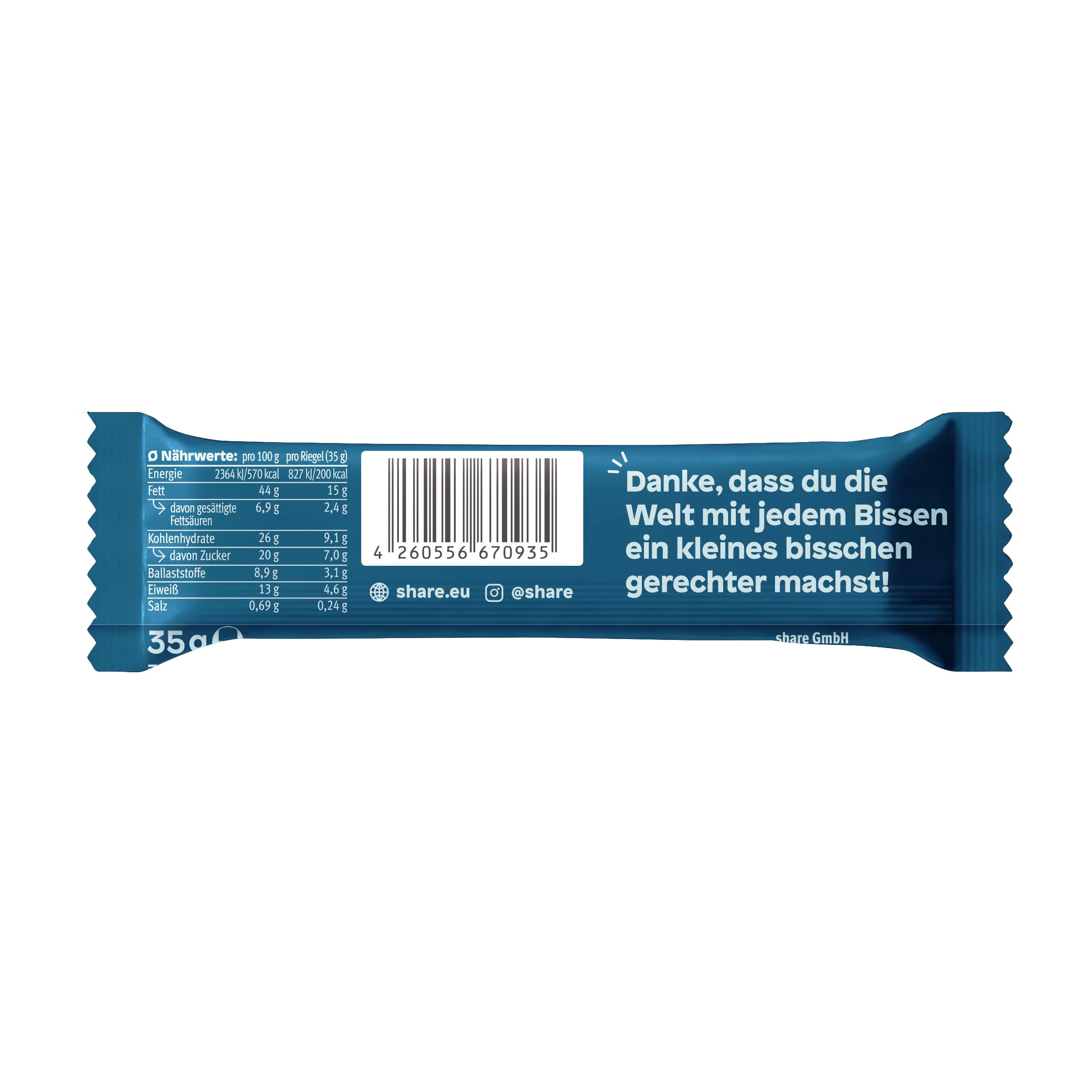share Bio Nussriegel Schoko & Meersalz (15x35g) | Vegan, Ohne Palmöl, Laktosefrei – Snackriegel mit Mandeln, Haselnuss, Schokolade & Meersalz – Spendet Essen
