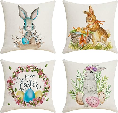 Syfixsy Set of 4 Throw Pillow Covers Easter Decorative Pillow Case Decorative Easter Bunny Eggs Pillow Covers Pillow Cushion Covers for Home Decor,