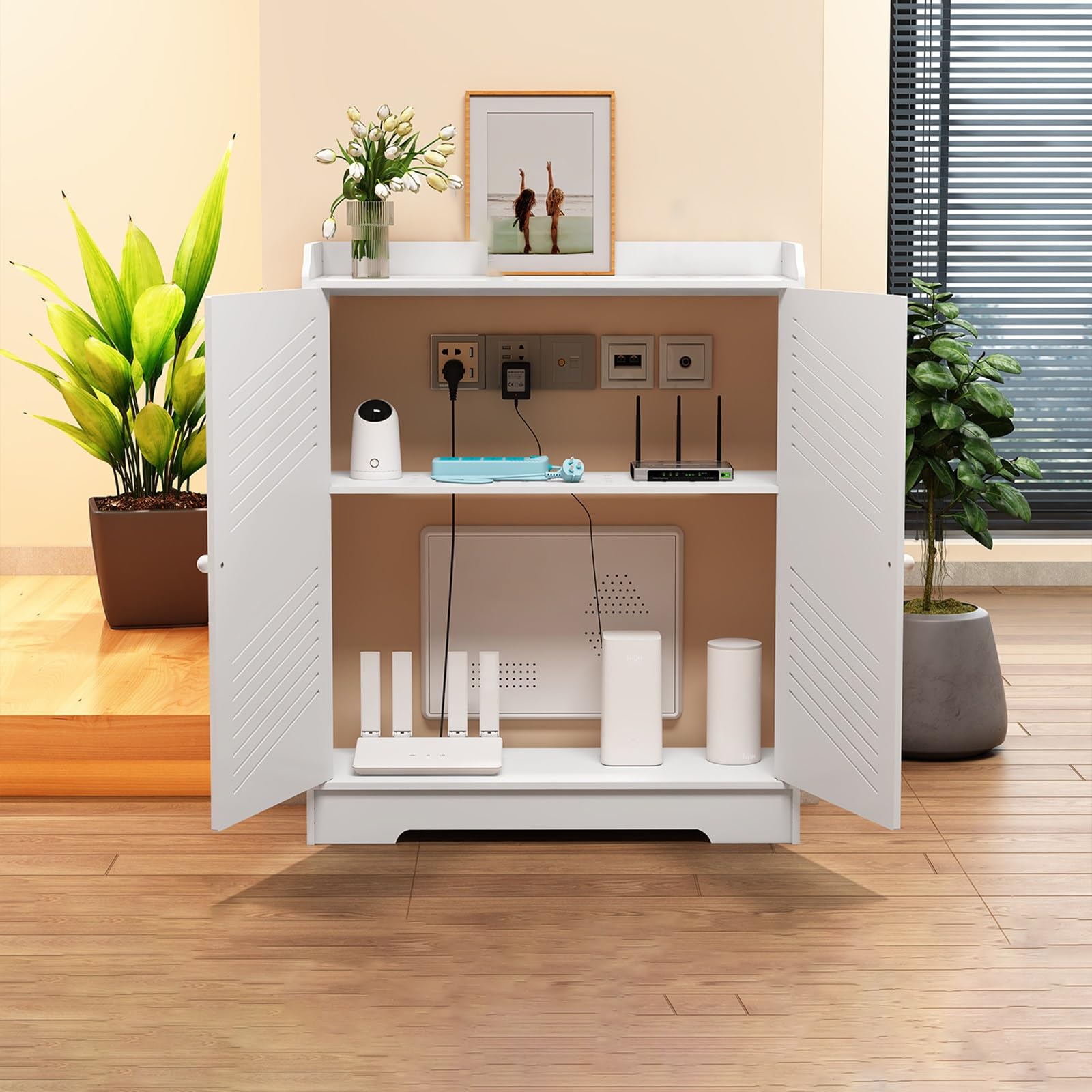 Caja de almacenamiento para enrutador WiFi con estantes y puertas para organizar la oficina