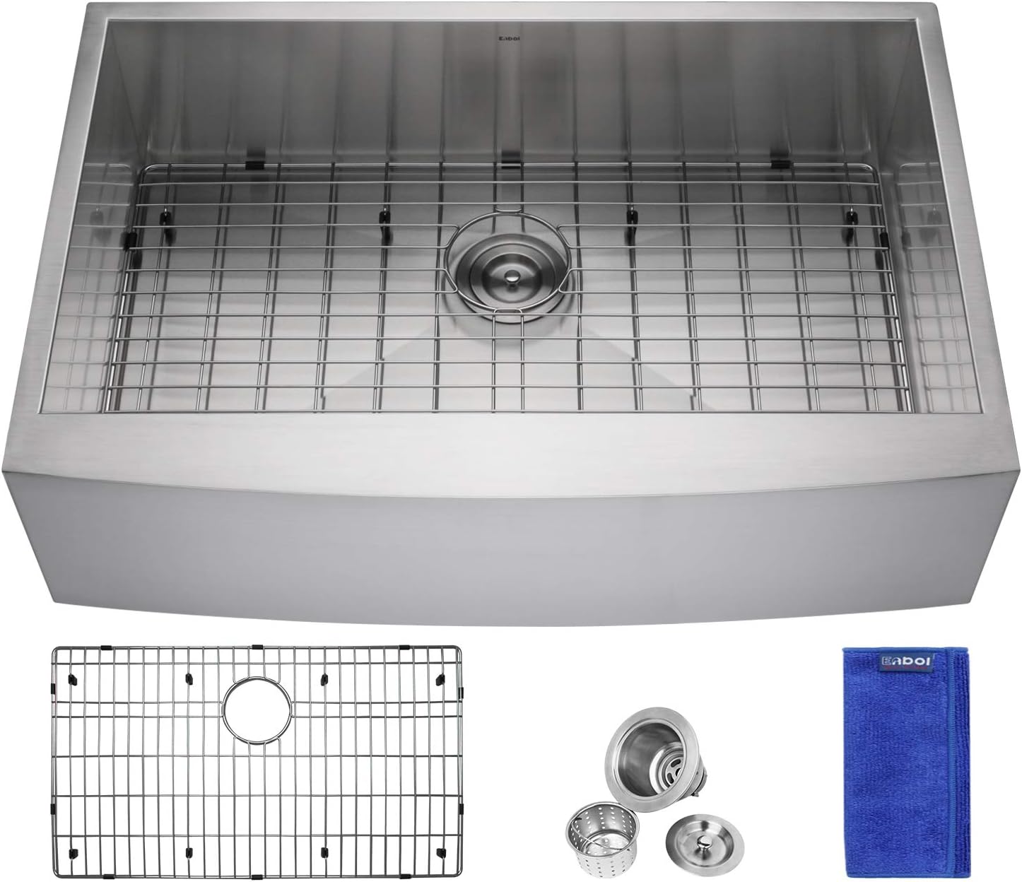 Enbol AS3322 33 Inch Length 10 Inch Deep 16 Gauge Arc Apron Front Zero-R Undermount Farmhouse Single Bowl Stainless Steel Kitchen Sink With Protective Bottom Grid and Strainer