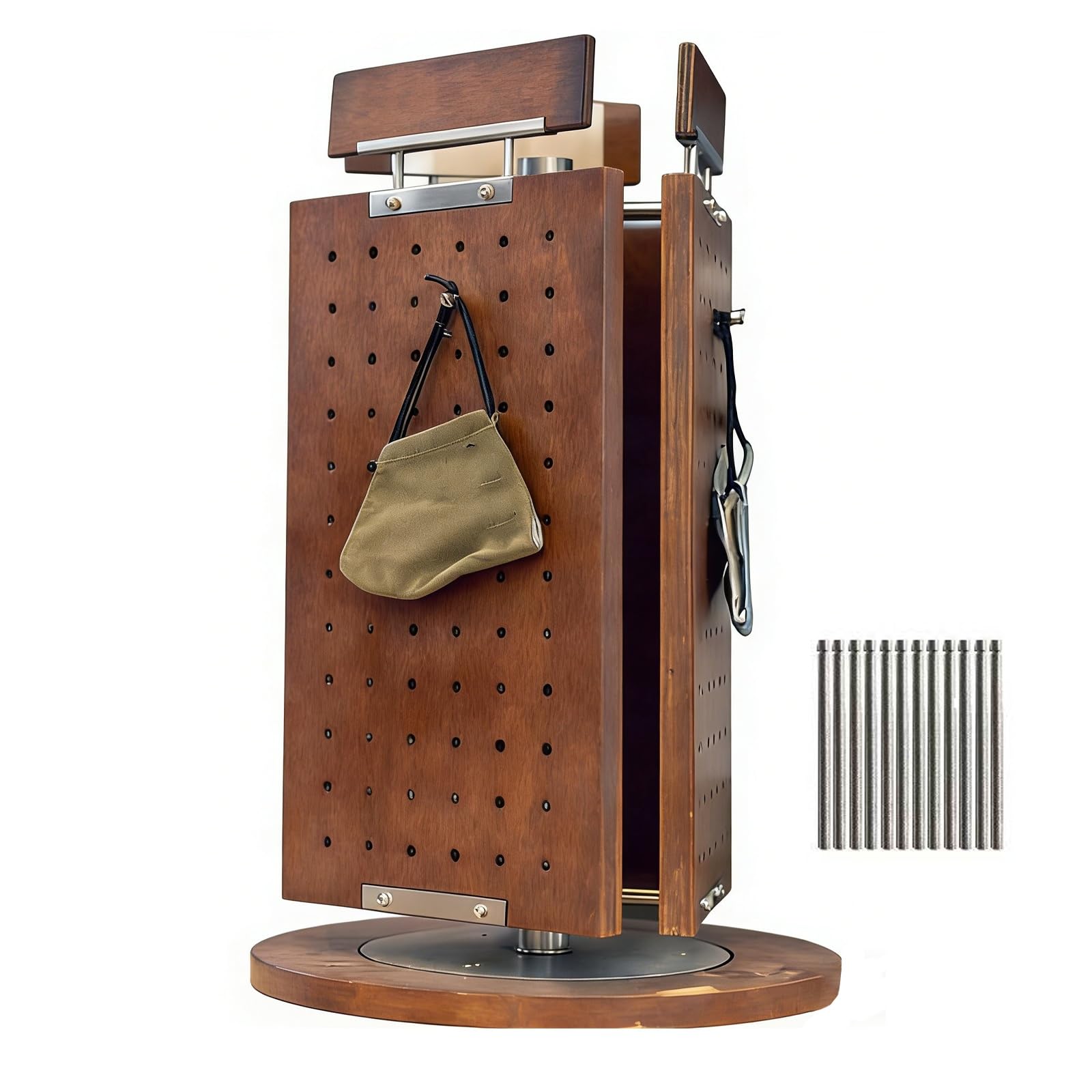 SICWEDIM Pegboard Display Stand, 3-Sided Revolving Jewelry Rack with Removable Stainless Steel Hooks for Keychains, Ornaments, Craft Shows, Retail Counter and Vendor Display