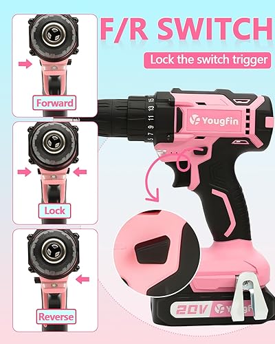 Miniatura 4 de Juego de taladro inalámbrico rosa para mujer, taladro eléctrico de 20 V con batería y cargador, portabrocas sin llave de 38 pulgadas, velocidad