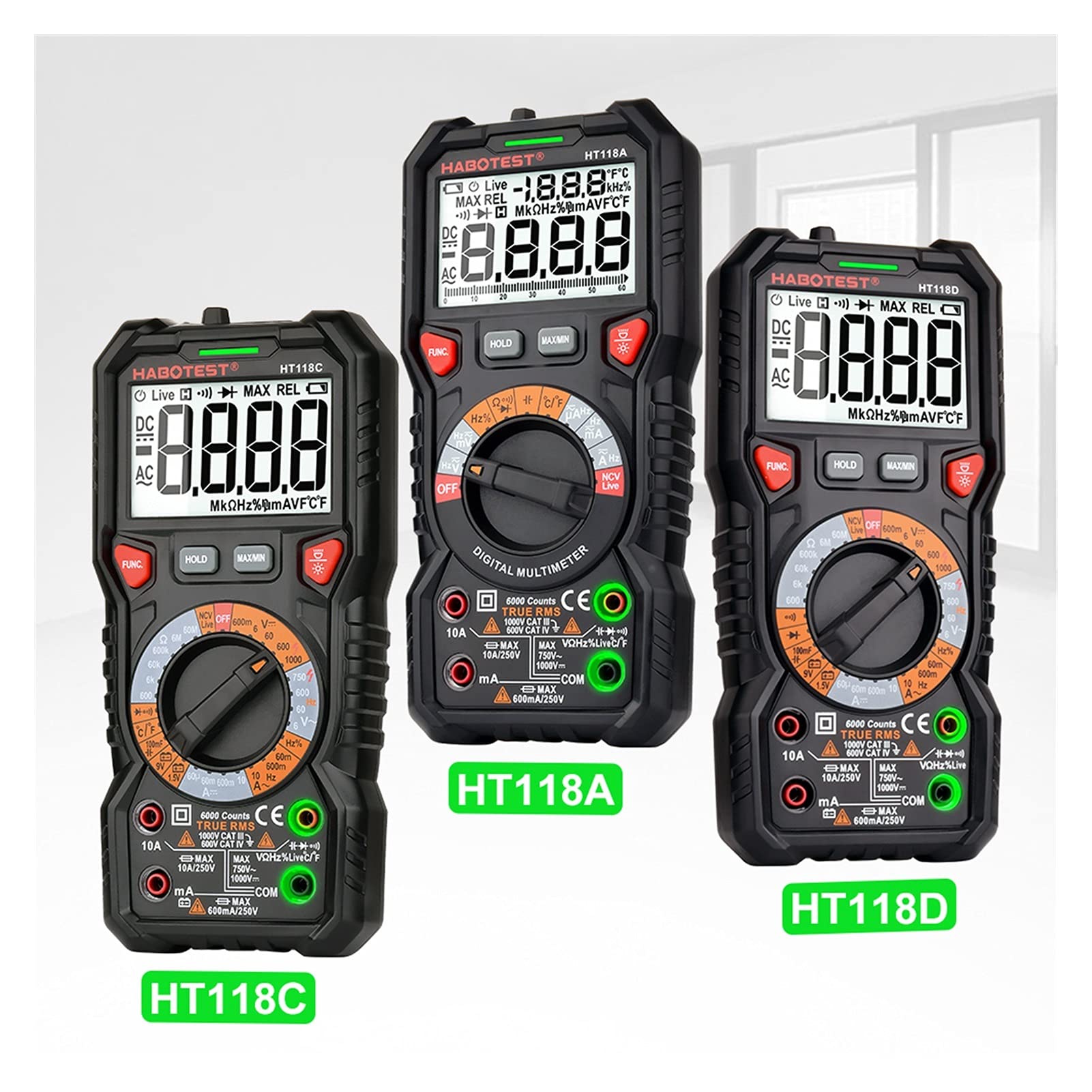Cyfrowe multitestery HT118 Prawdziwe Rms. Cyfrowy multimetr AC DC. AmpernapięciaOhmmeterHz NCV. CiągłośćBattery Tester6000Counts1000-V10A z funkcją napięcia fazowego i bezdotykowego (Color : HT118C)