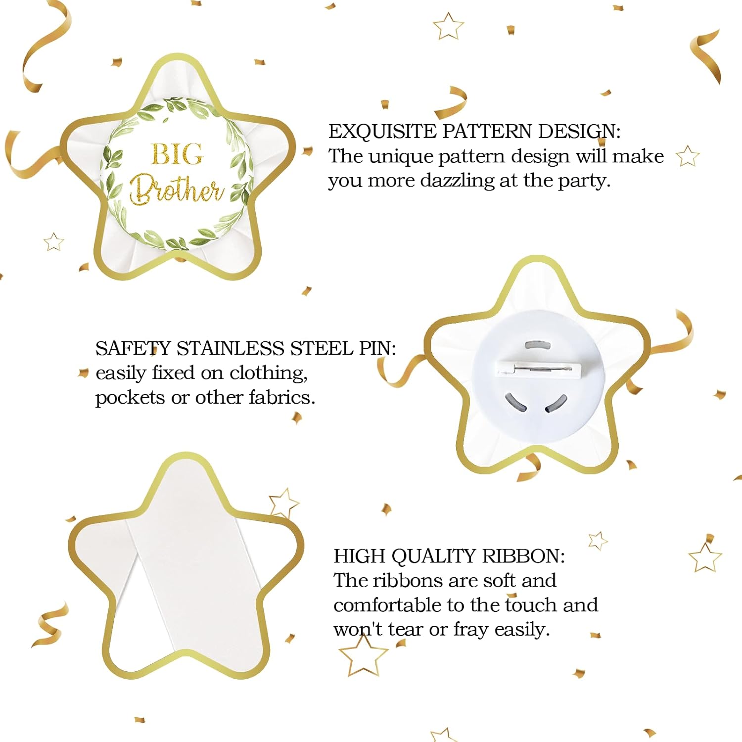 White Big Brother Tinplate Badge Pin, Greenery Brother to Be Button Pin, White Birthday Boy Ribbon, Leaves Rosette Button Gifts for Newborn Baby Shower Celebrations