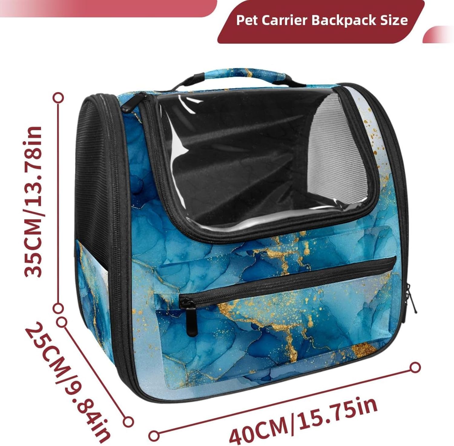 Cat Backpack Carrier for Small Dogs Cats, Soft-Sided Pet Carrier Backpack with Ventilated Mesh Windows and Safety Leash, Abstract Blue Marble with Golden Line