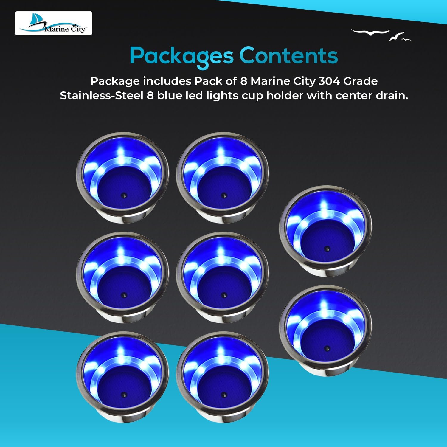 MARINE CITY 8 Blue LED Lights Cup Holder with Drain – 304 Stainless Steel, Corrosion-Resistant, Easy to Install for Boats, Yachts, Ships, Kayaks
