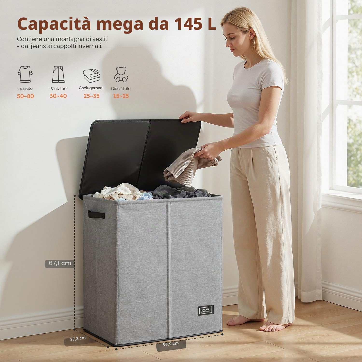 SOLEDI Cesto portabiancheria doppio da 145 litri con coperchio, cesto portabiancheria a 2 sezioni, pieghevole e sporco, con robusta borsa per la biancheria, per camera da letto, dormitorio, università