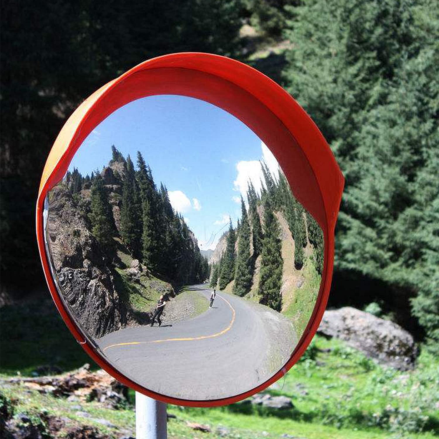 LH-GUARD 18" Convex Mirror for Pole, 18 Inch Orange Driveway Traffic Mirror for Blind Spot, Wide View Security Mirrors for Warehouse, Garage, Office