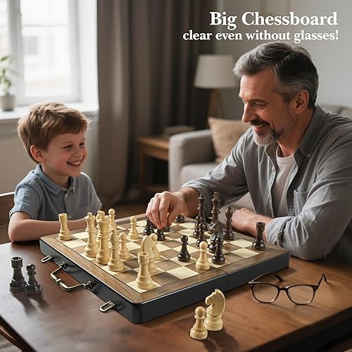 Miniatura 9 de Juego de ajedrez de madera grande de 18.5 pulgadas con mango de metal vintage, juego de mesa plegable portátil con tamaño King de 4.5 pulgadas,