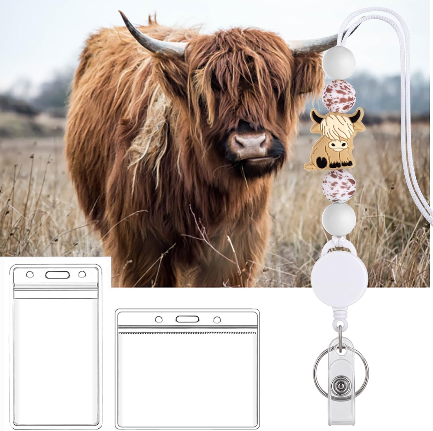 Teacher Lanyard Retractable Lanyards for ID Badges and Keys, Cute Beaded Breakaway Lanyard with ID Holder Cute Badge Lanyard for Teacher Nurse Gifts for Women(Khaki Highland Cow) image 3