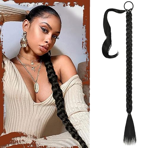 Sofeiyan Extensión de cola de caballo de trenza larga con banda para el cabello, lacio, elegante y envolvente, extensiones de cabello trenzado, cola