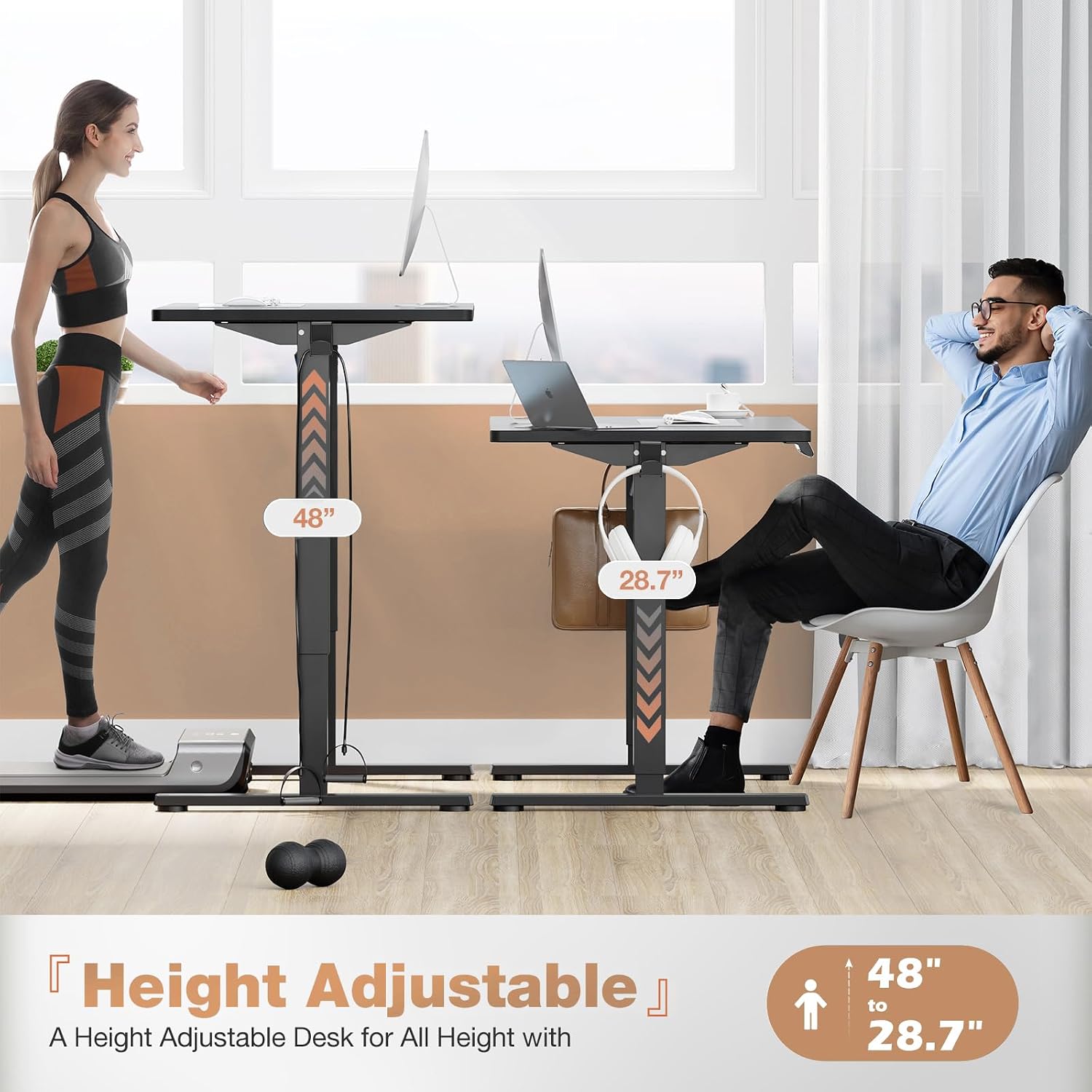 Image showing a person standing and another sitting at the edx Electric Adjustable Height Desk, demonstrating its adjustable height range from 28.7 inches to 48 inches.