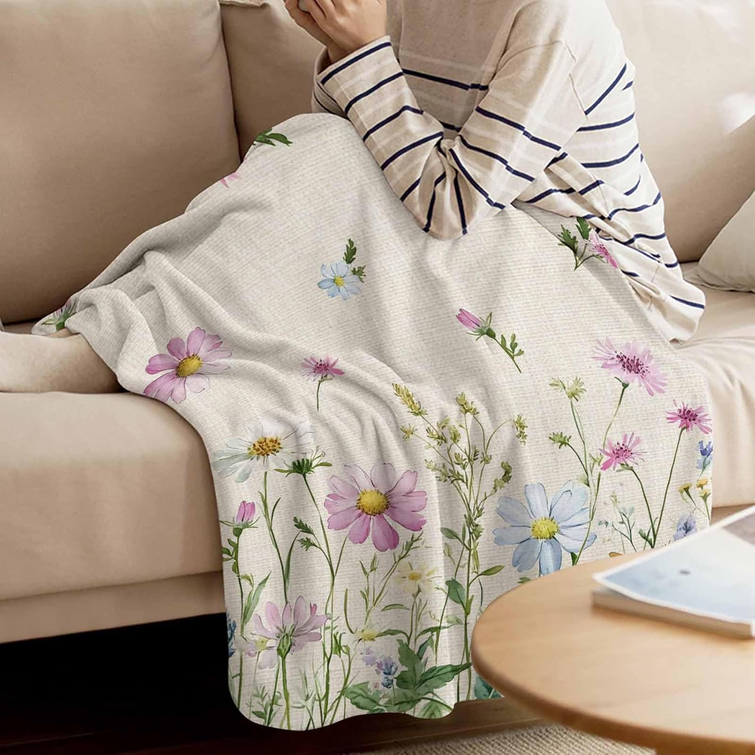 Flannel Throw Blanket Farm Flower Leaf Wildflower,Lightweight Soft Warm Fleece Blankets for Sofa Couch Bedroom,Botanical Herbs Retro Linen Cozy Fuzzy Microfiber Throws for All Seasons 40x50in