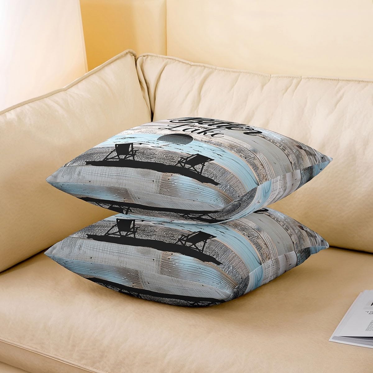 Pack of 4 Lake House Pillow Covers 16x16, Rustic Farmhouse Throw Pillow Covers For Kids Teens Adult Women, Wooden Ocean Beach Cushion Covers, Lake House Decorative Pillow Covers, Blue Grey