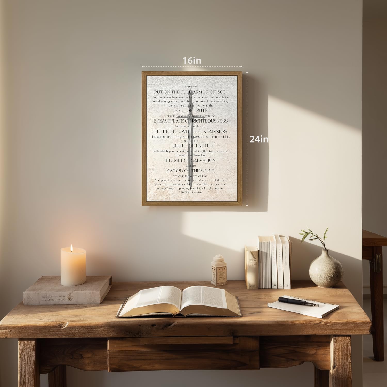 Clicyre Christian Wall Art, Bible Verse Wall Decor, Armor of God Canvas Print, Ephesians 6:10-18 Scripture Print, Sword of the Spirit Home Decor for Bedroom Prayer Room Wood Framed 16x24 Inch