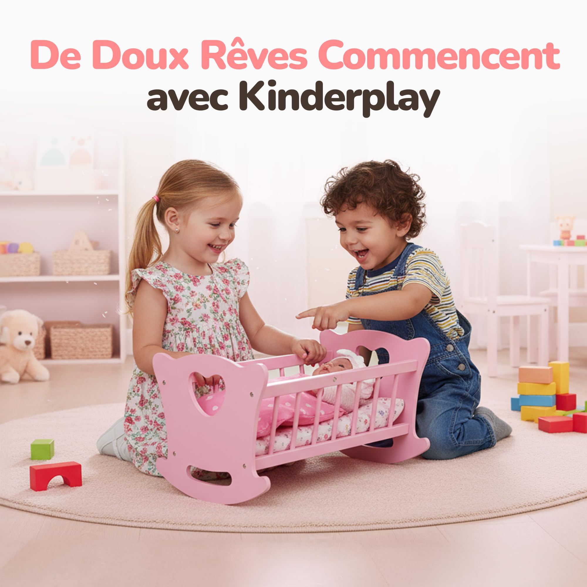Kinderplay Berceau de poupée en Bois avec Parure de lit - Lit à Bascule pour poupées jusqu'à 49,5 cm - Jouet en Bois Durable pour Filles à partir de 3 Ans - Lit de poupée avec Matelas, Coussin et