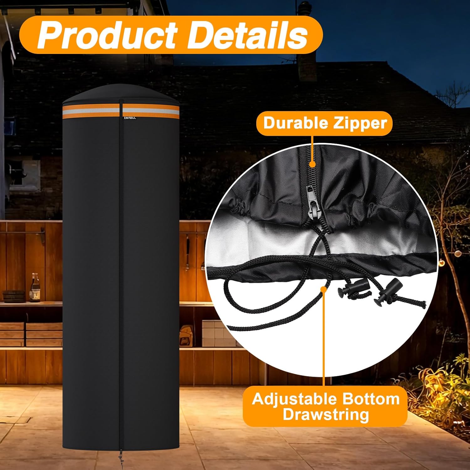Full-Length Outdoor Patio Heater Cover Fits Spiral Flame LPG Patio Heaters Heavy Duty 420D Waterproof Round Propane Heater Cover with Reflective Strip Durable Zipper Drawstring 23"D×70"H