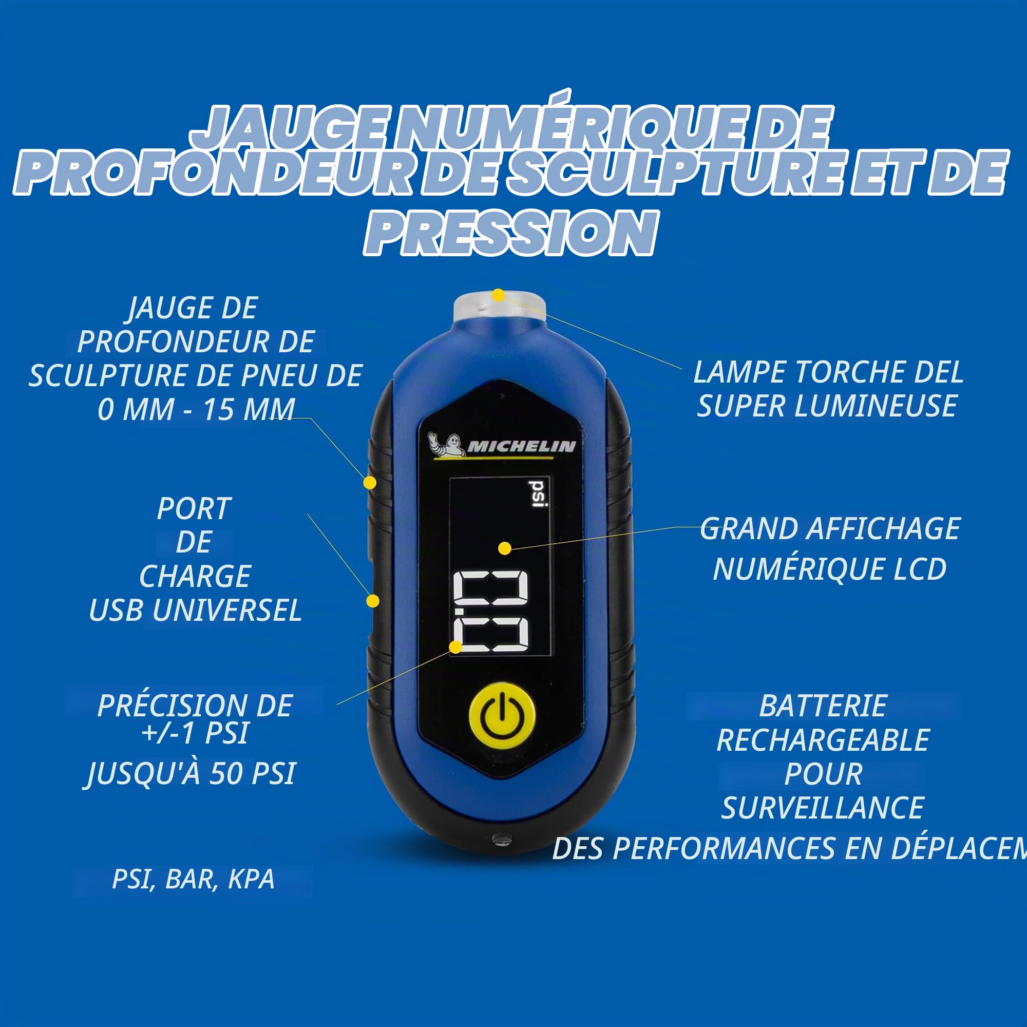 MICHELIN Jauge de pression des pneus de voiture numérique et jauge de profondeur de la bande de roulement des pneus - Rechargeable numérique lecteur de profondeur et de pression pour boîte à gants