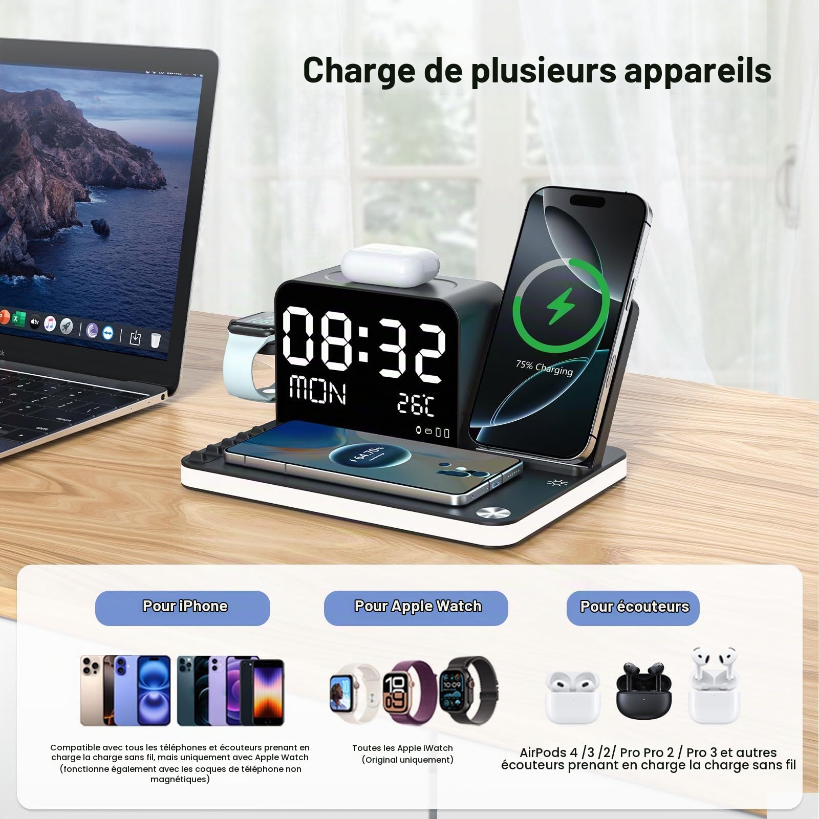 Chargeur sans Fil 7-en-1 avec Horloge, température et Date, Compatible avec iPhone 17/16/15/14/13 Pro Max, AirPods et Apple Watch, Compatible avec Samsung S25/S24, veilleuse réglable, Adaptateur 33W