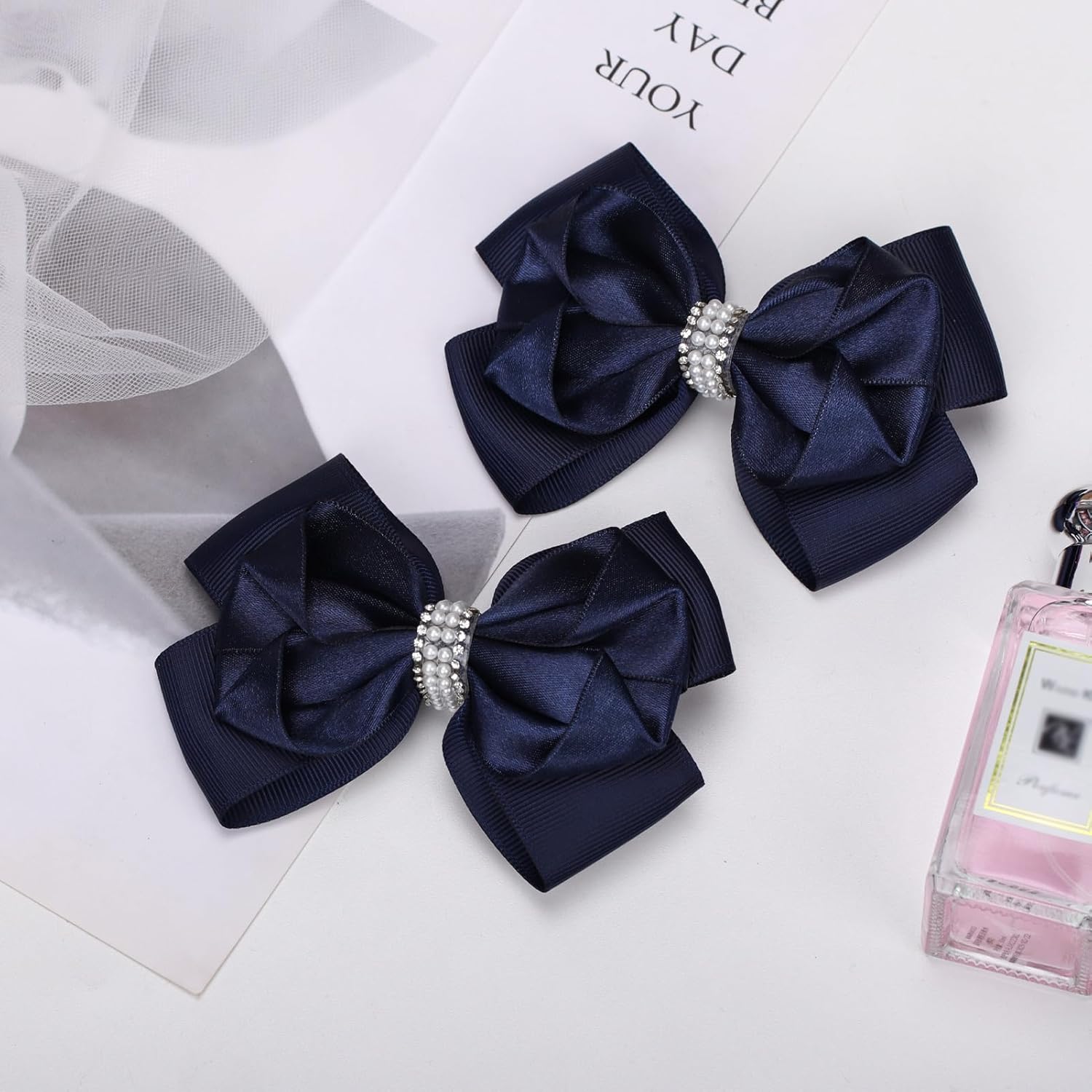 Sparkle 4.5" Hair Bows Clips Glitter Hair Accessories for Women Girls Toddlers Children Grosgrain Ribbon Alligator Clips (Navy Blue) - Image 5