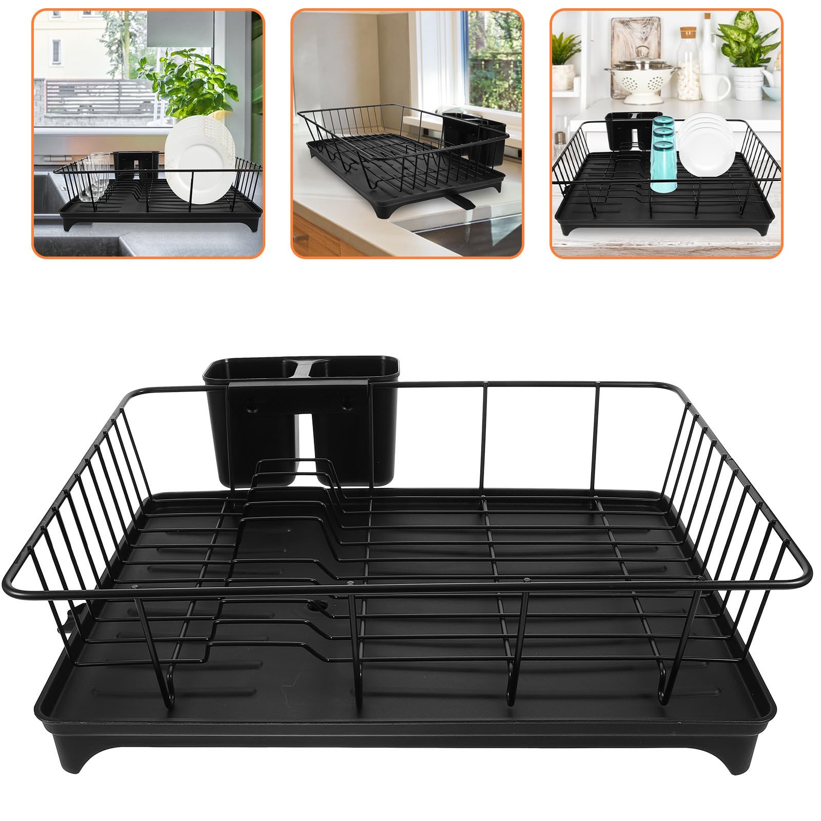 Escurridor de Platos y Porta Utensilios de Cocina Negro Gran Capacidad, Rejilla de Secado de Metal y Soporte para Cubiertos Drenaje Automático