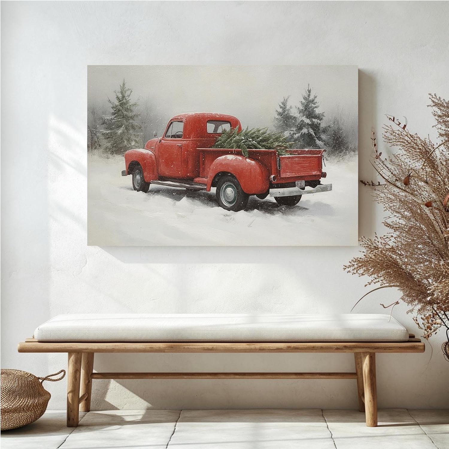 vjfkskuey Red pickup Samsung photo frame TV art Christmas truck holiday decoration poster vintage art Christmas painting farmhouse wall art winter snow scene home wall decor